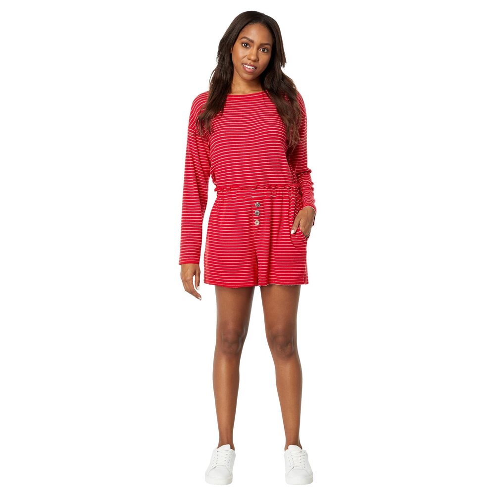 Mod-O-Doc Cozy Stripe Rib Long Sleeve Crew and Paperbag Shorts Set Red SM